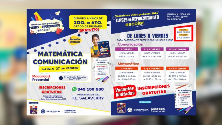 Programa gratuito de reforzamiento escolar para niños de 2.º a 6.º grado en Salaverry. Clases presenciales del 02 al 27 de febrero 2026.